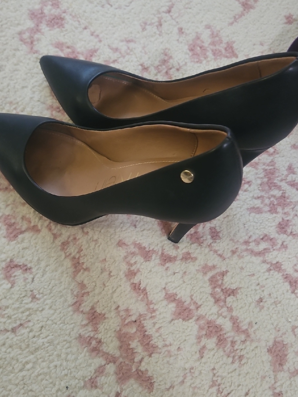 Calvin Klein Black Pointed-Toe Mid Heel Pumps with Gold Button